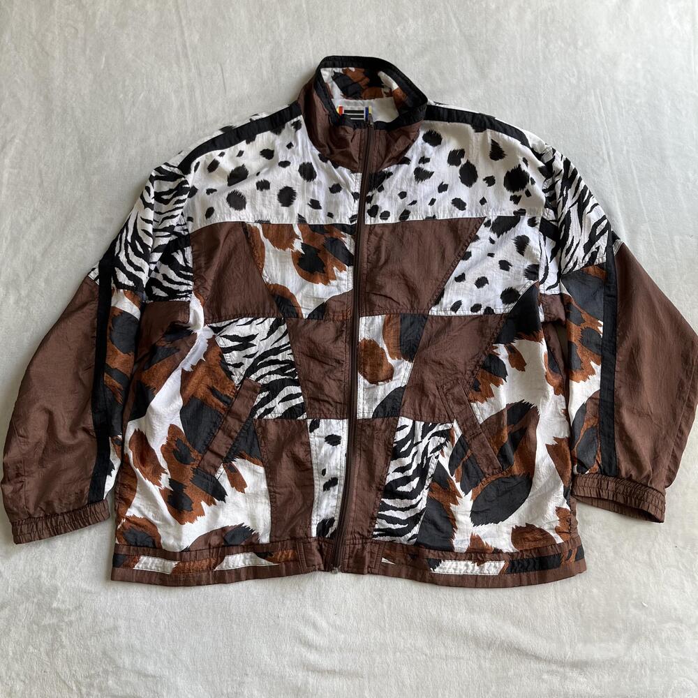 VTG EVR Jacket Womens Plus 1X Brown Animal Print Leopard Windbreaker Full Zip